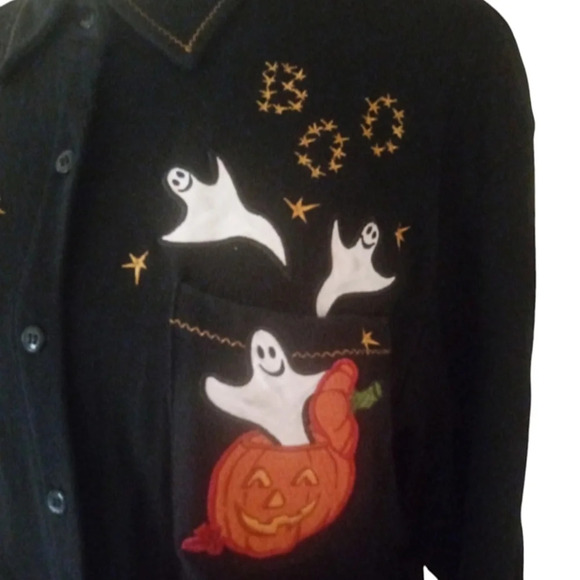 Karen Scott Cotton Rich Ghost Halloween Spooky Button Up Shirt Size Medium - Picture 2 of 7